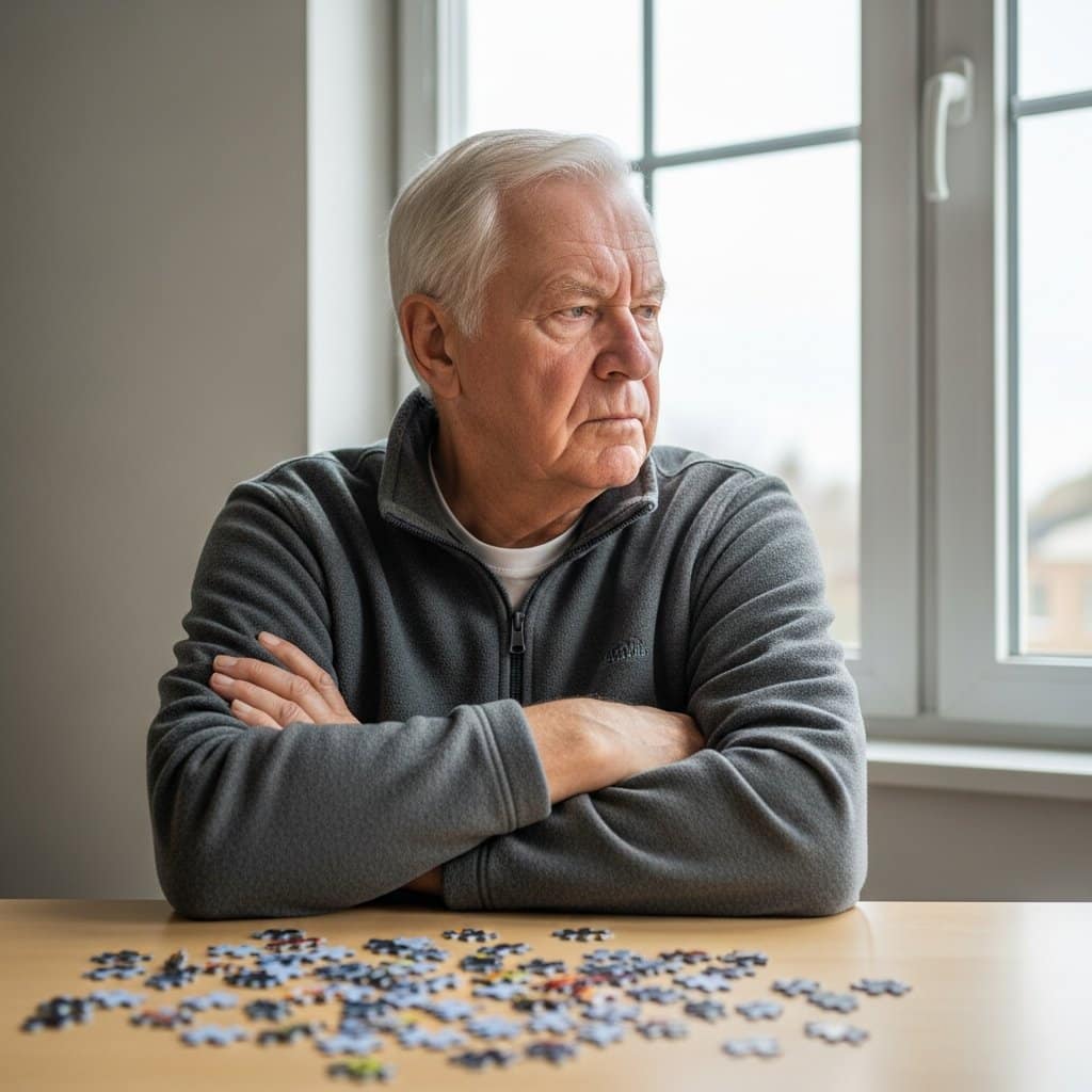 Older man sitting at a table with arms crossed and gaze turned away from a scattered puzzle, showing subtle withdrawal, waist-up centered view