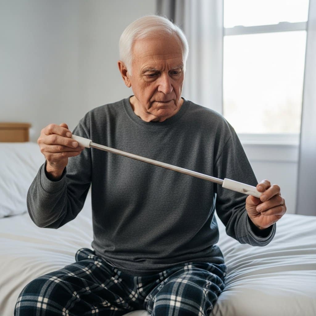 Older man seated on a bed examining a long-reach toilet aid wand with both hands, waist-up centered view