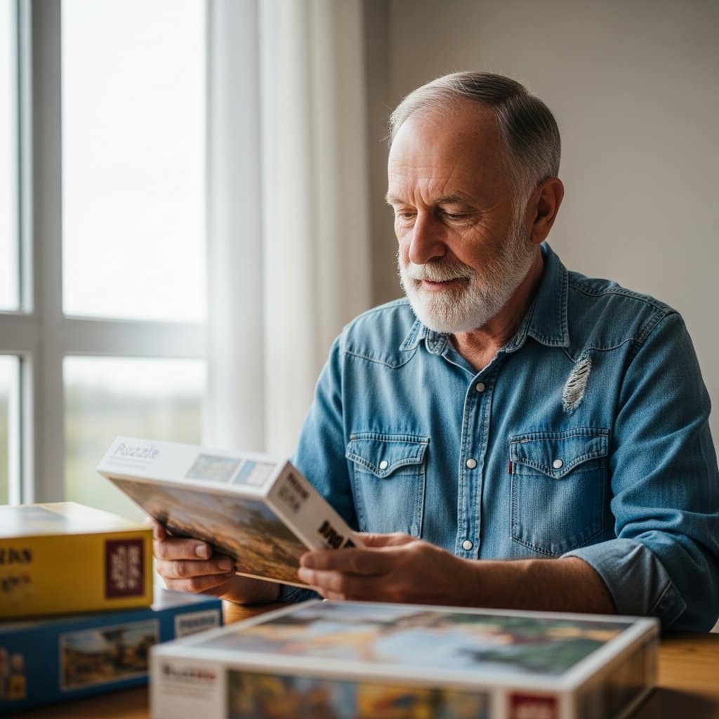 Older man sitting at a table holding a puzzle box and looking at it with interest, with stacked puzzles visible beside him, waist-up centered view