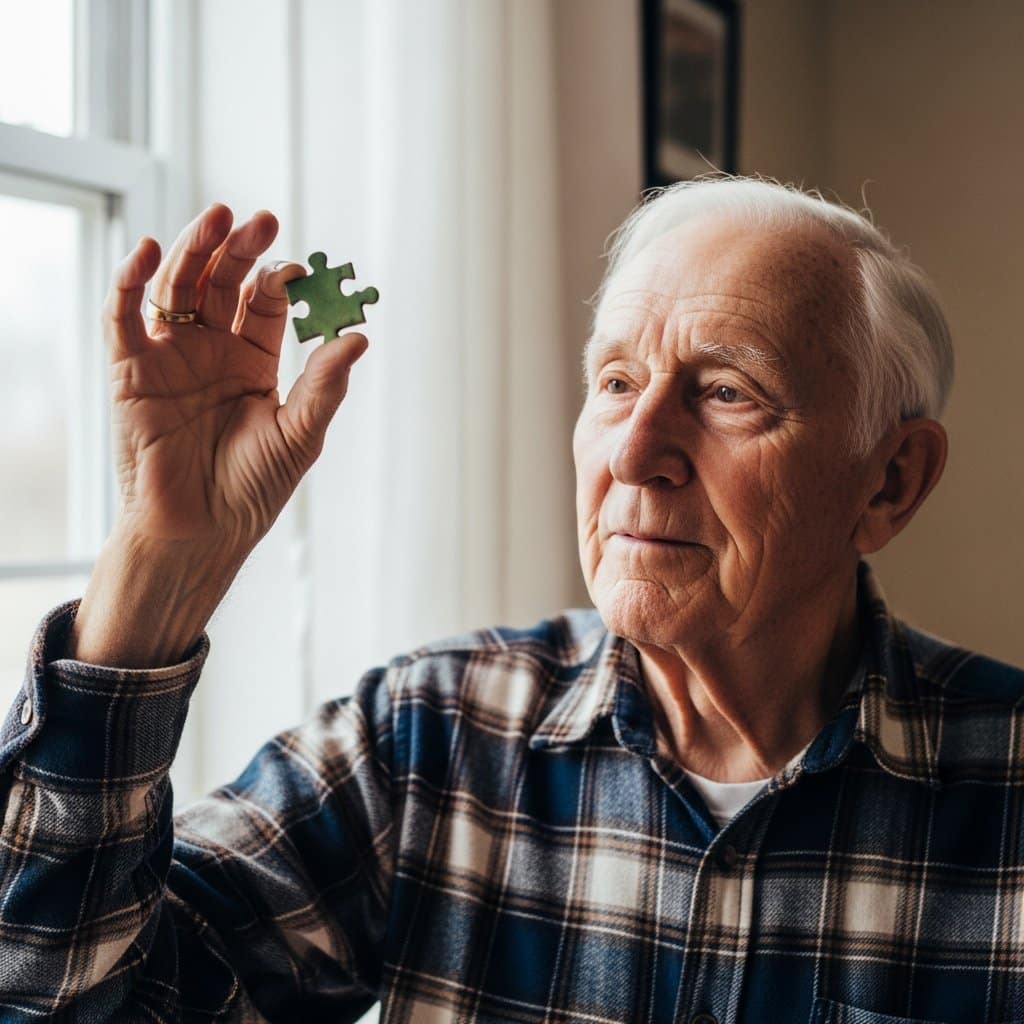 Older man holding a single large jigsaw puzzle piece up between his fingers examining it closely, waist-up centered view