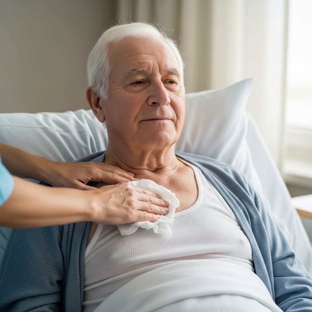Older man with white hair lying in a home bed while caregiver hands draw a body wipe gently across his chest, waist-up centered view
