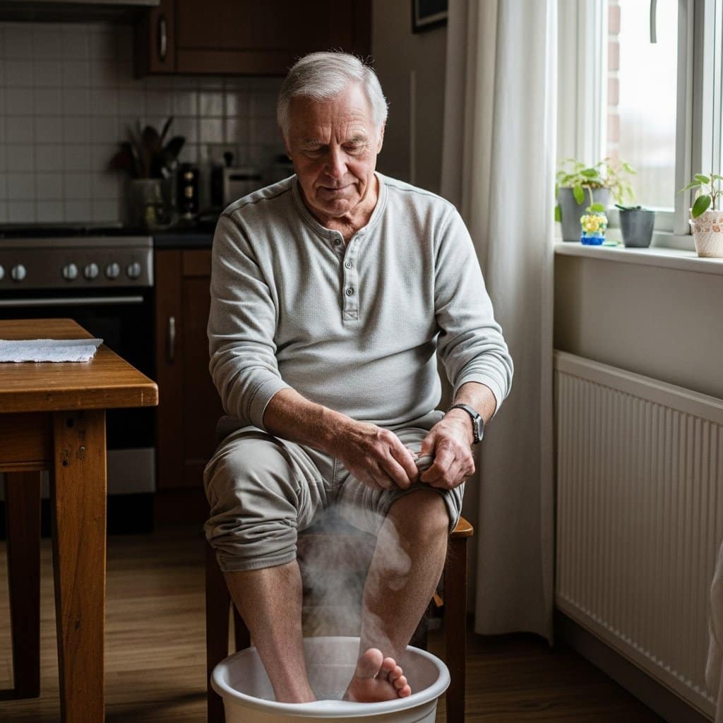 Older man at a kitchen table rolling up his trouser cuff and lowering his bare foot into a warm foot soak basin, full-body centered view