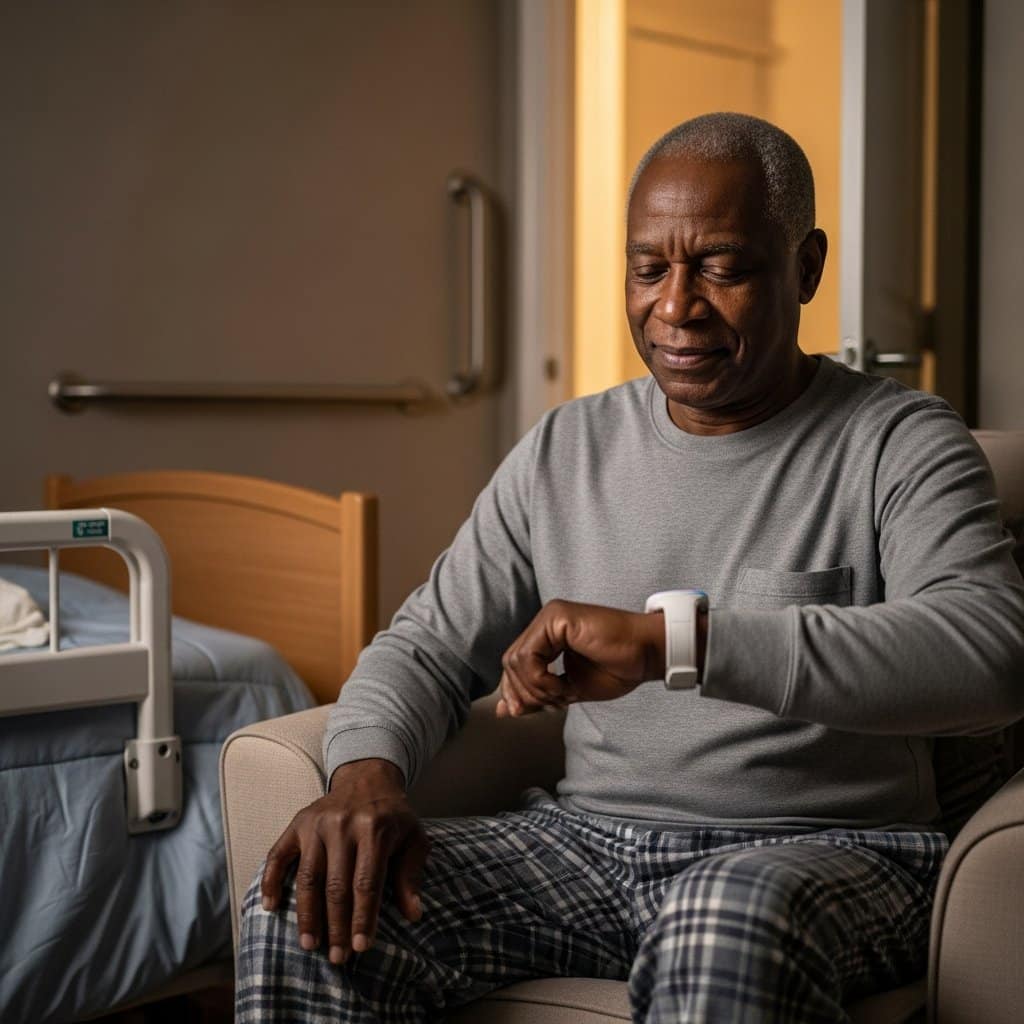 Older man in pajamas looking at a medical alert device on his wrist in a bedroom with a bed rail and grab bar visible, waist-up centered view