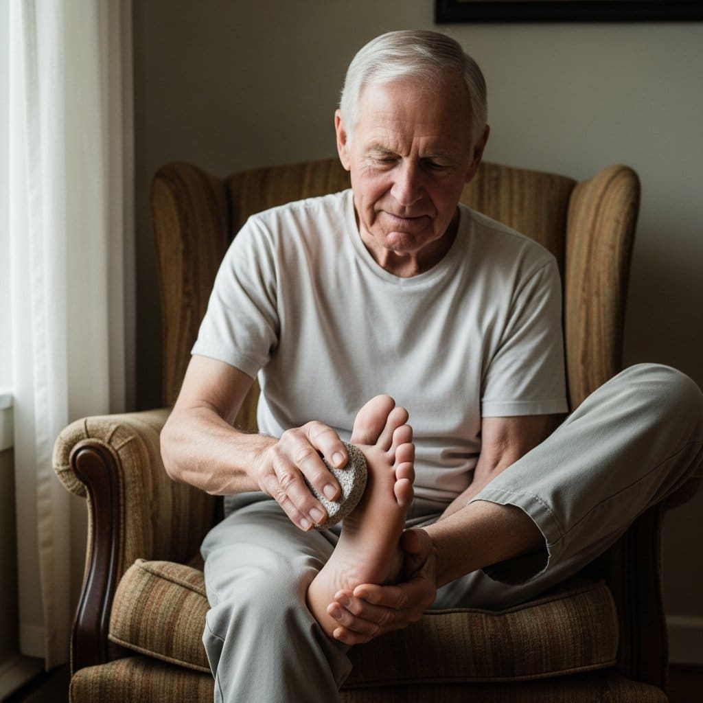 Older man seated in an armchair gently using a pumice stone on his heel, full-body centered view with bare foot extended