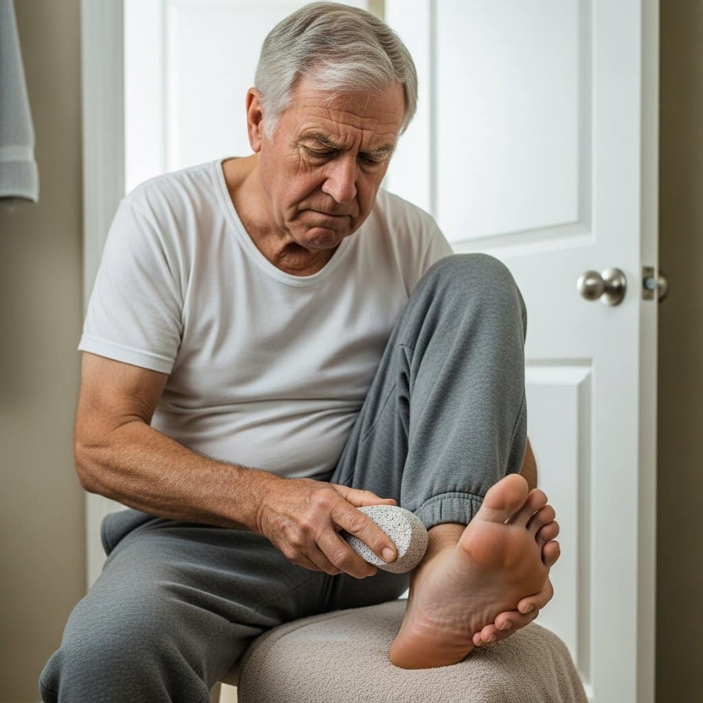 Older man seated on a bathroom stool using a pumice stone on his heel with a foot resting on a folded towel, waist-up centered view