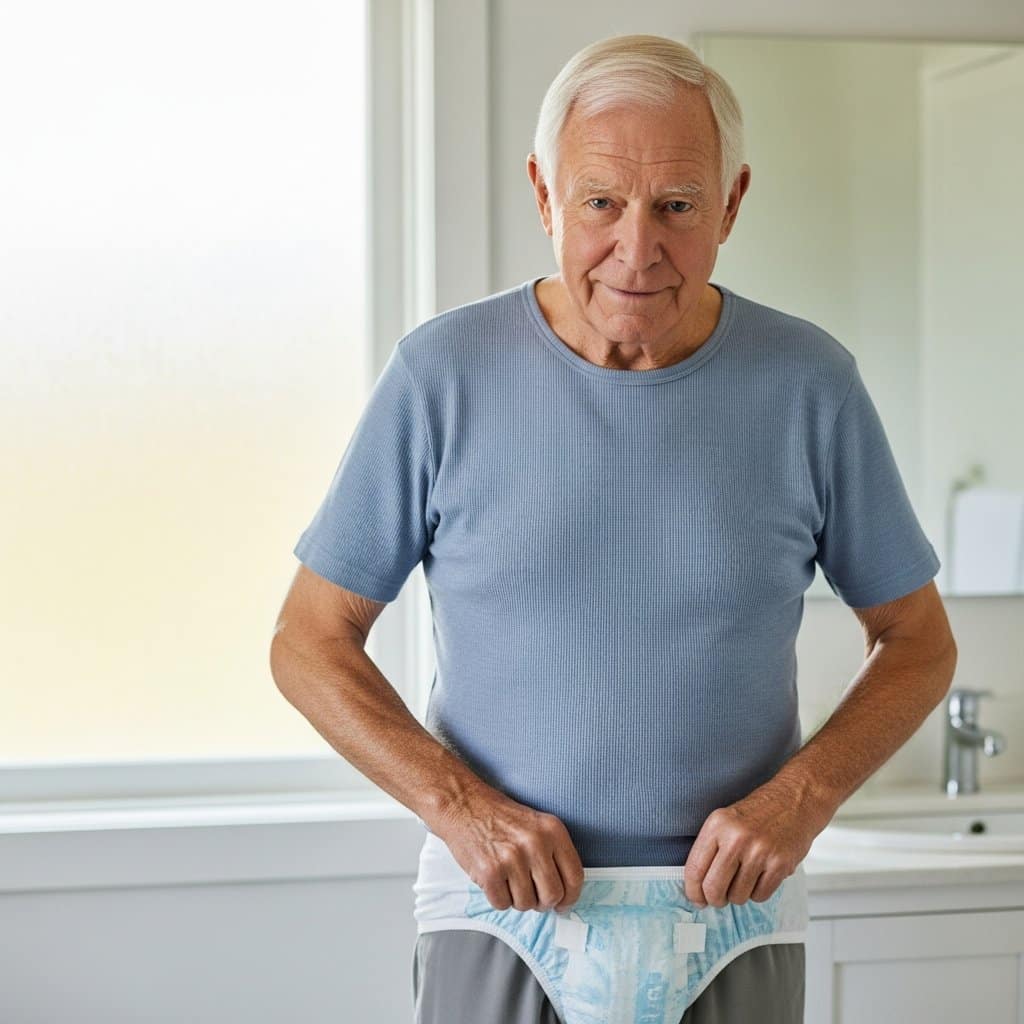 Older man pulling on a pull-up incontinence brief in a tidy bathroom, waist-up centered view