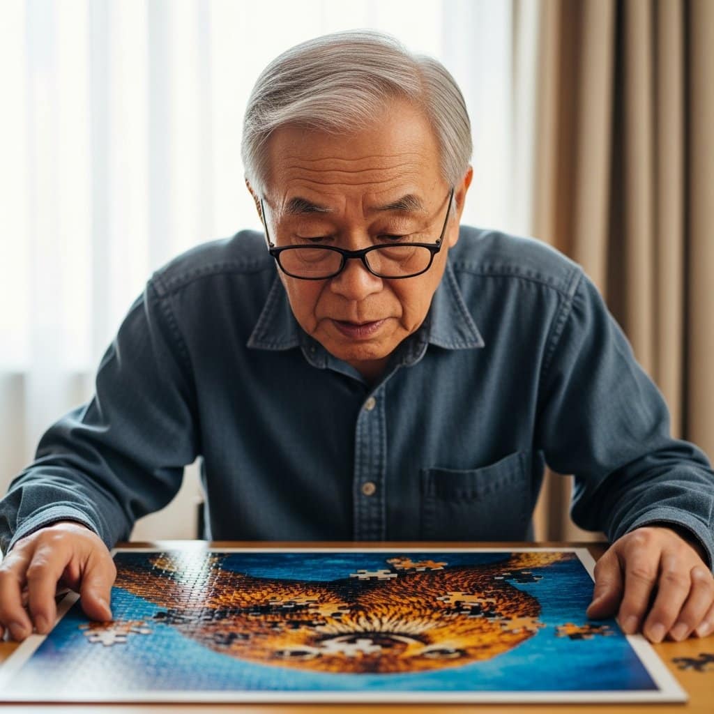 Older man wearing reading glasses leaning forward over a high-contrast large-piece animal puzzle on a well-lit table, waist-up centered view
