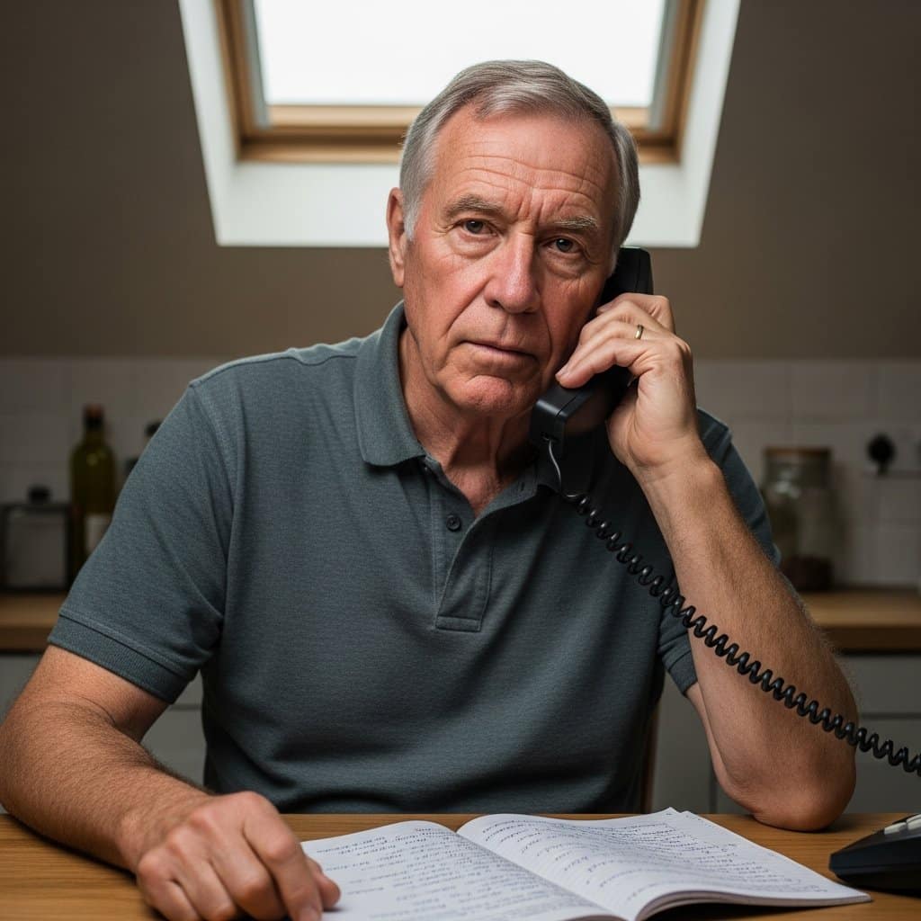 Older man sitting at kitchen counter with telephone to his ear and a serious composed expression, notepad in front of him, waist-up centered view