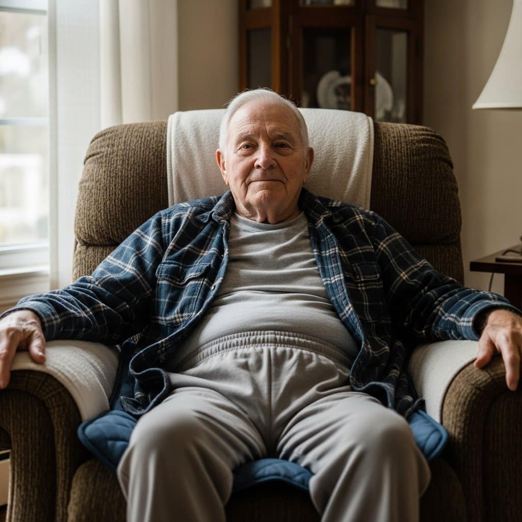 Older man seated comfortably in a recliner with a discreet waterproof chair pad beneath him, waist-up centered view