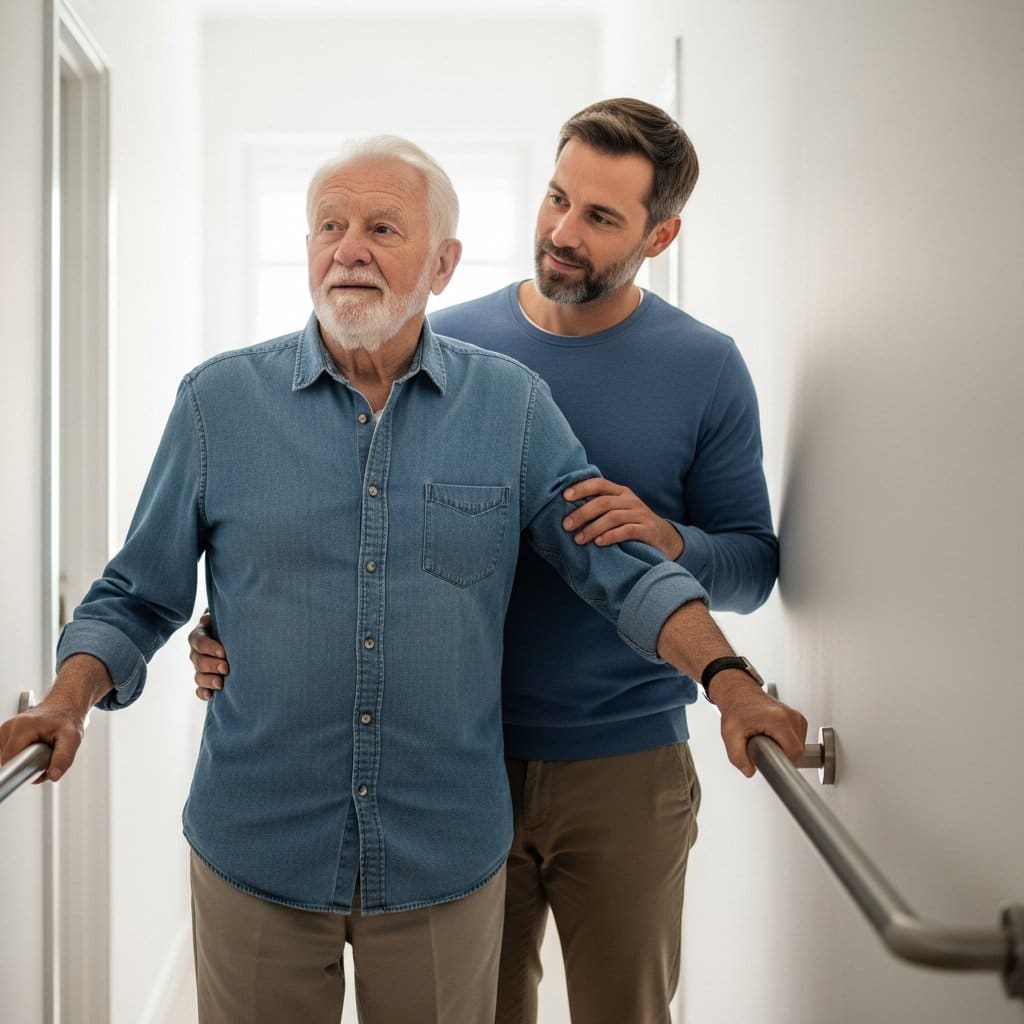 Older man gripping a hallway grab bar with his adult son standing supportively beside him, full-body centered view