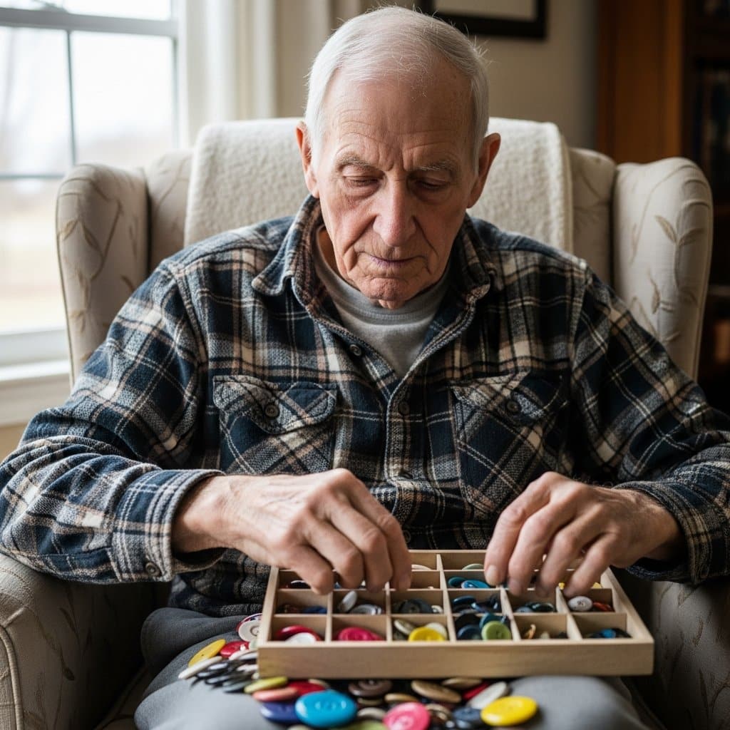 Older man sitting in an armchair sorting colorful buttons into a divided tray resting in his lap, waist-up centered view