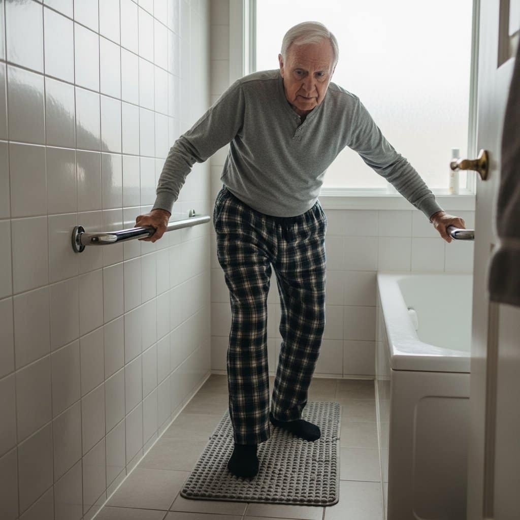 Older man stepping out of a bathtub onto a non-slip bath mat while gripping a wall-mounted grab bar, full-body centered view