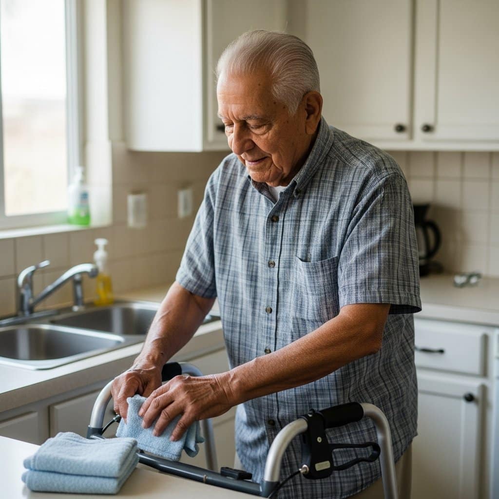 Older man with a walker standing at a kitchen counter folding a washcloth, full-body centered view
