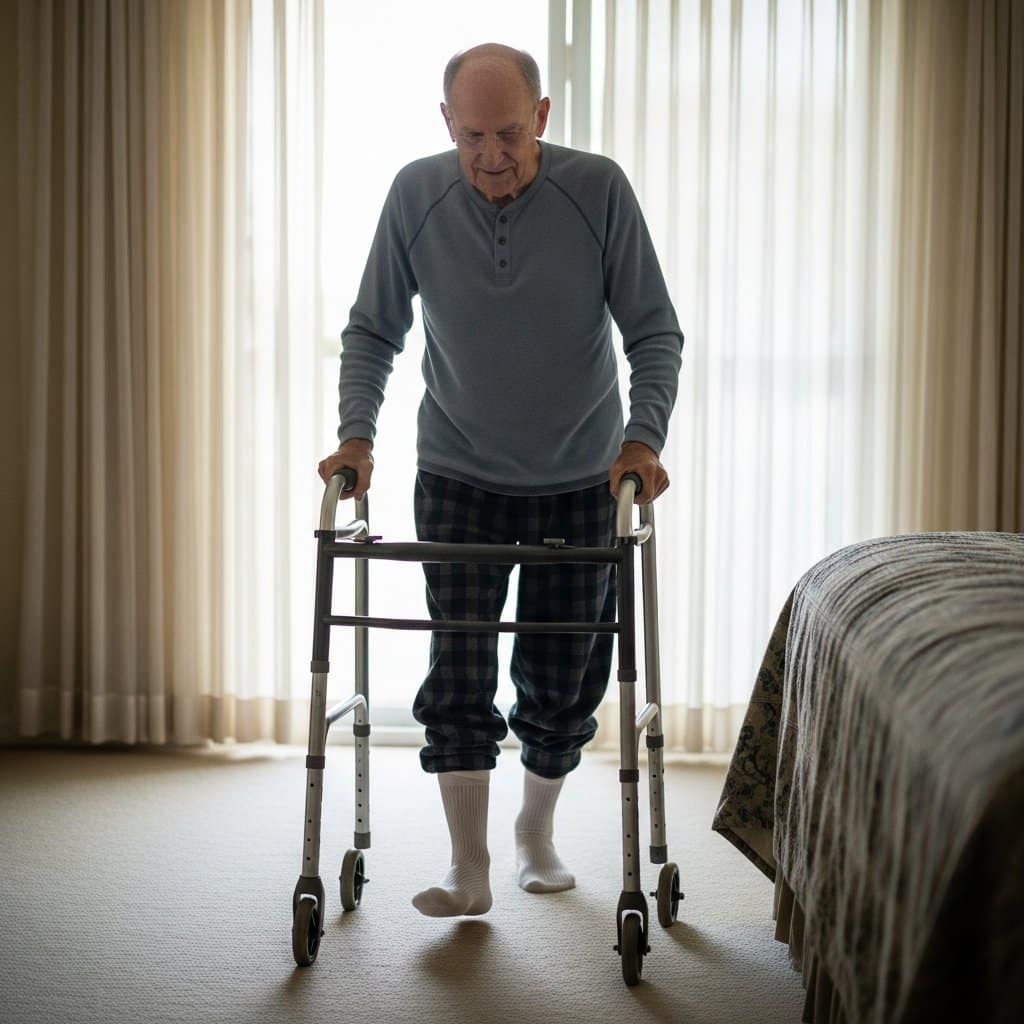 Older man using a walker walking across a carpeted bedroom floor wearing silicone moisturizing socks on both feet, full-body centered view