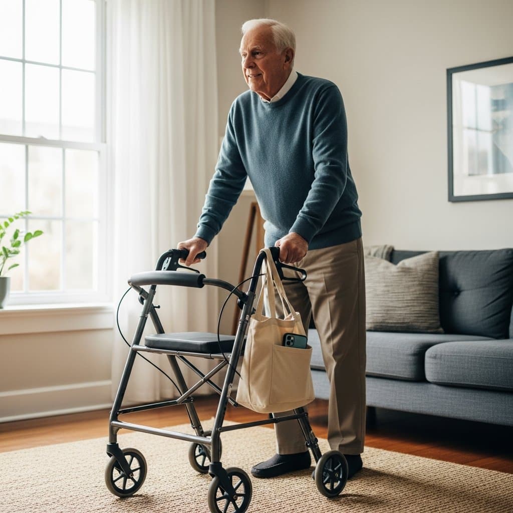 Older man moving through a living room using a walker with an organized canvas bag clipped to the frame, phone visible in a side pocket, full-body centered view