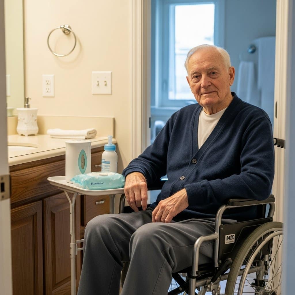 Older man in a wheelchair beside a bathroom vanity with a countertop tray holding hygiene aids within easy reach, full-body centered view