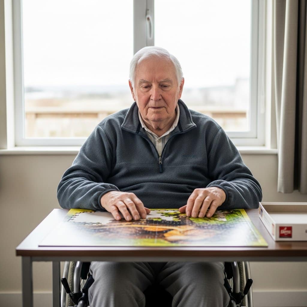 Older man seated in a wheelchair at a side table with both hands resting on a partially completed large-piece animal-themed puzzle, full-body centered view