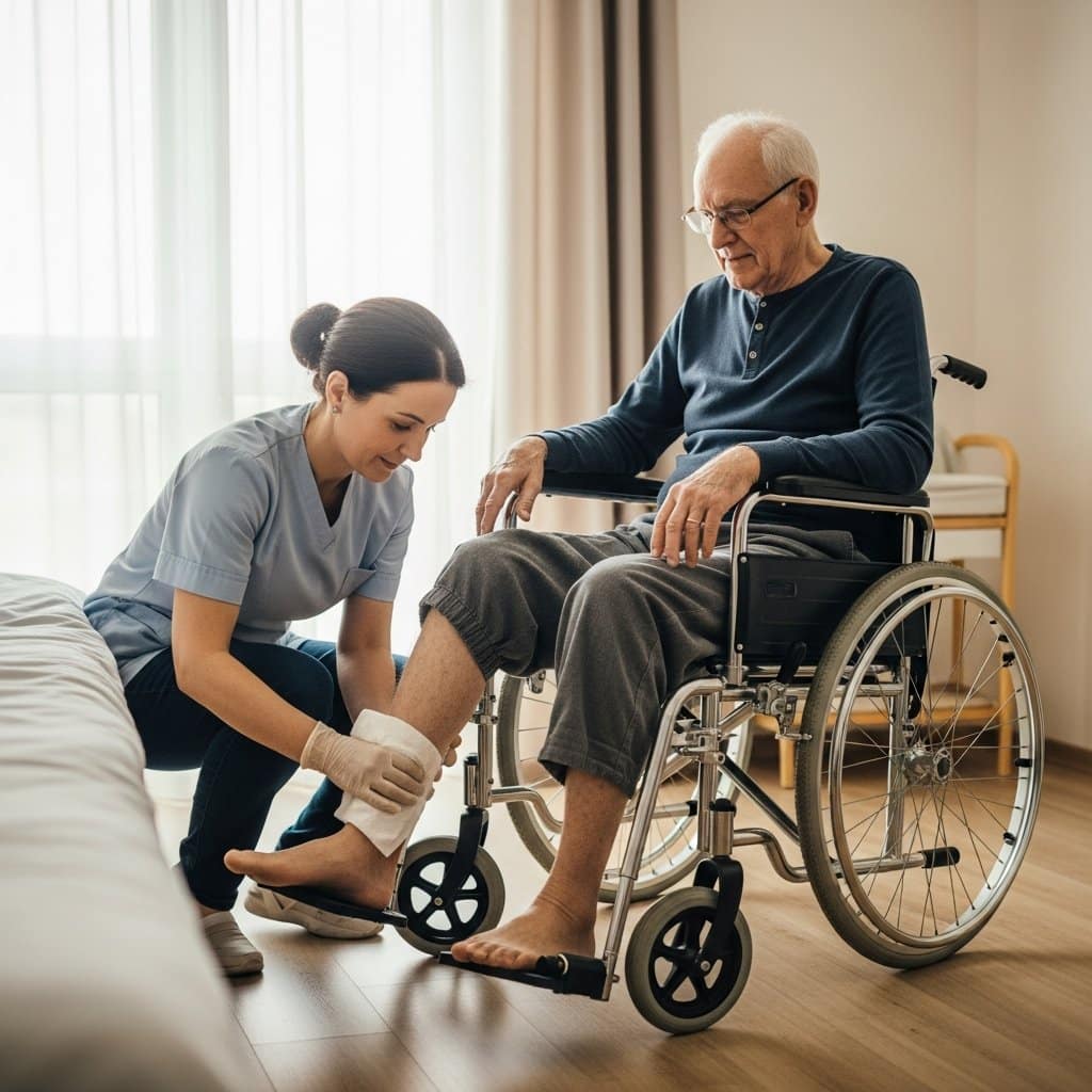 Older man seated in a wheelchair leaning forward while caregiver wipes his lower leg with a large body wipe, full-body centered view