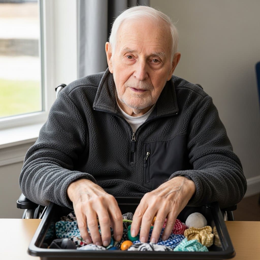 Older man in a wheelchair with hands inside a shallow sensory bin filled with fabric scraps and smooth objects, full-body centered view