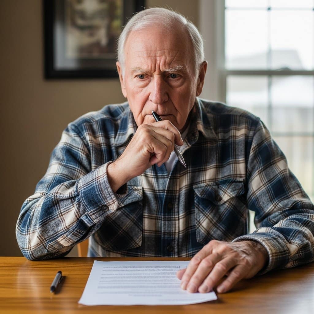 Older man sitting at kitchen table pressing pen to lips with worried expression, blurred document in front of him, waist-up centered view