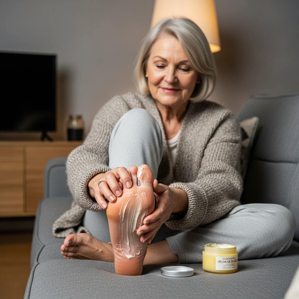 Older woman on a sofa in a cardigan smoothing thick heel balm across the bottom of her bare foot with a cream jar beside her, waist-up centered view