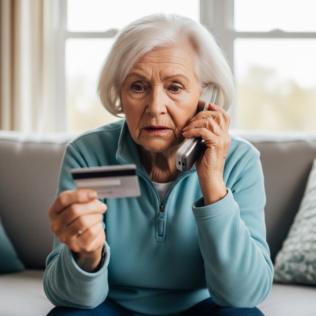 Older woman sitting on sofa holding a credit card and cordless phone with urgent focused expression, waist-up centered view