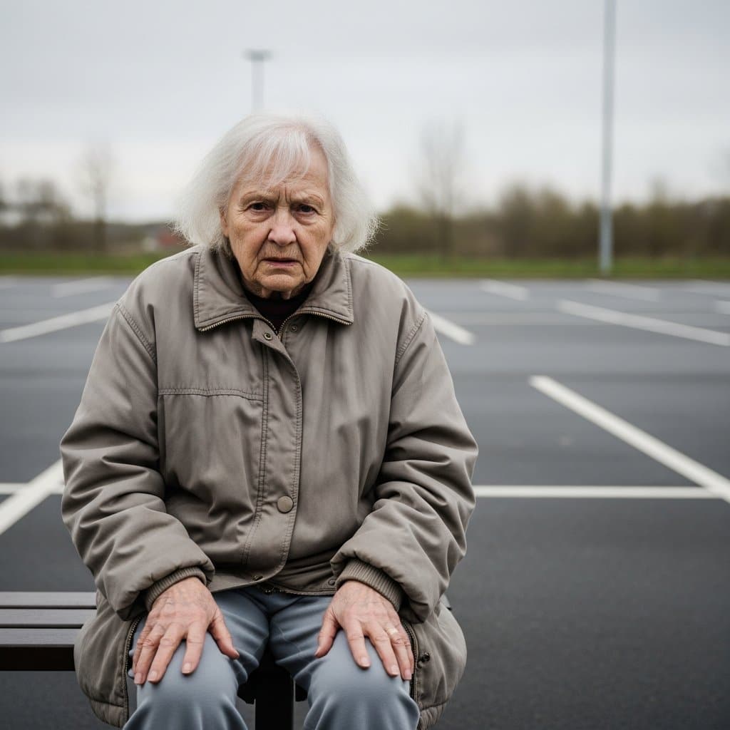 Older woman sitting on a bench in a parking lot with a confused and disoriented expression, full-body centered view