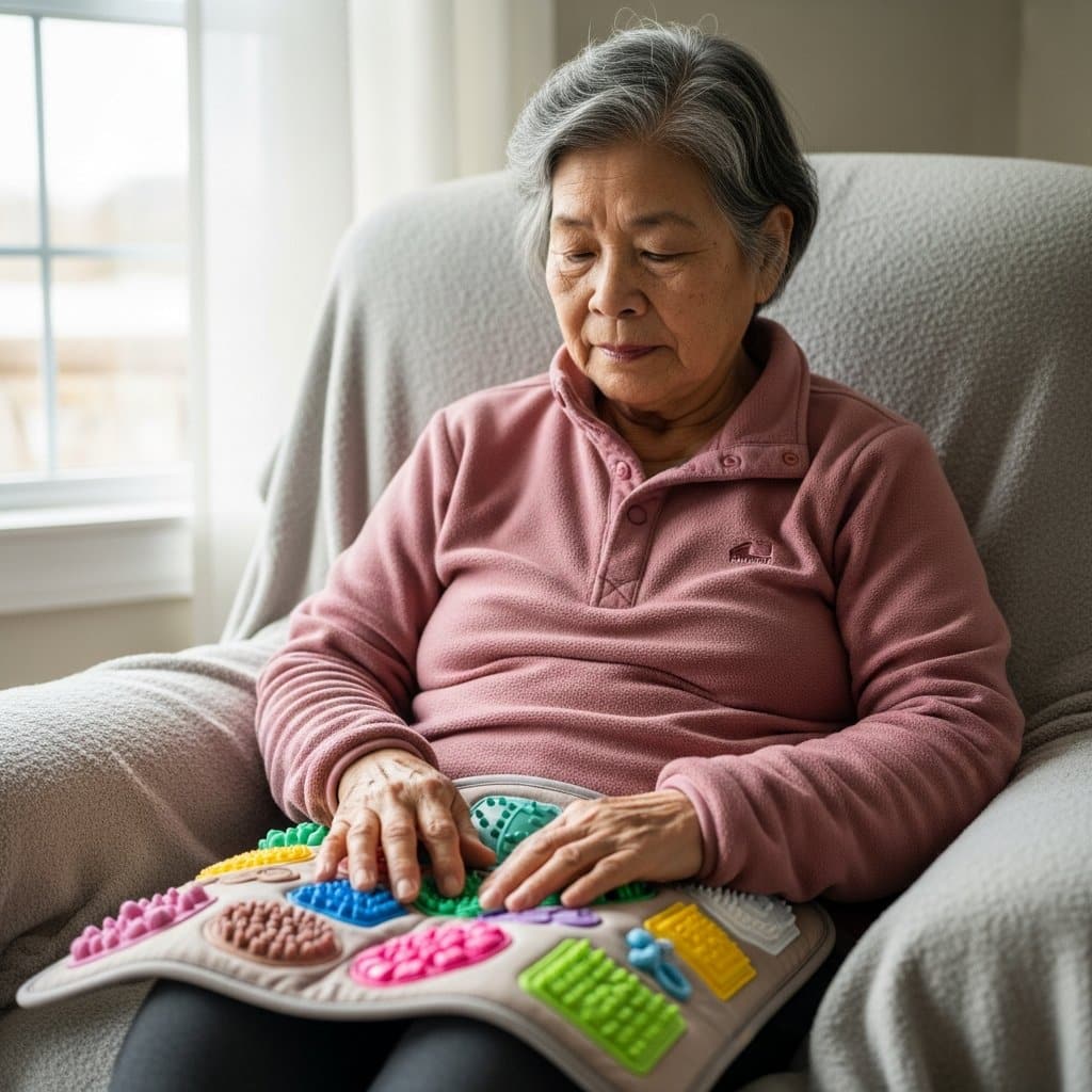 Older woman sitting in an armchair with a fidget sensory lap pad across her legs exploring its textures with both hands, waist-up centered view