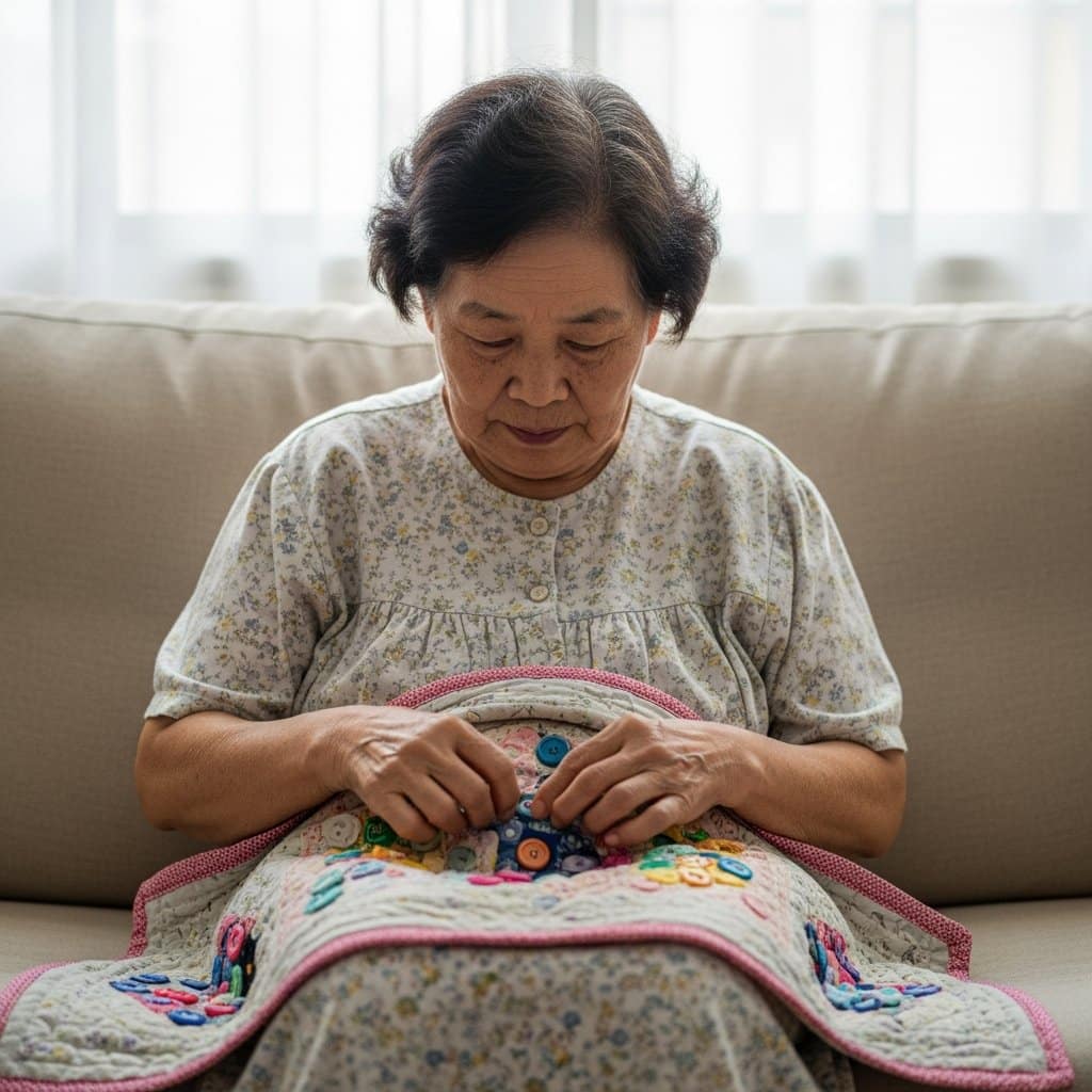Older woman seated on a sofa with a colorful fidget quilt on her lap, fingers gently working the textures, waist-up centered view