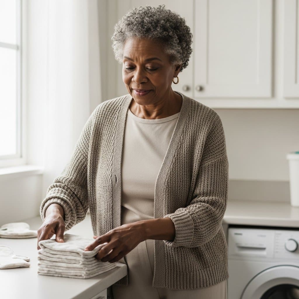 Older woman folding a stack of soft reusable waterproof pads on a laundry room counter, waist-up centered view