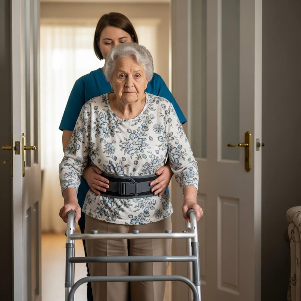 Older woman wearing a gait belt taking a step with a walker while a caregiver grips the belt from behind, full-body centered view
