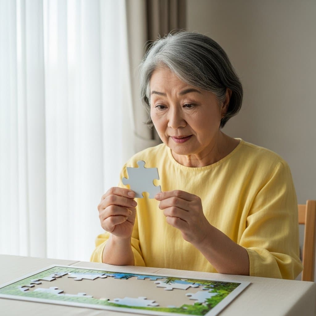 Older woman holding a single large puzzle piece in both hands and examining it closely, with a nearly completed puzzle on the table in front of her, waist-up centered view