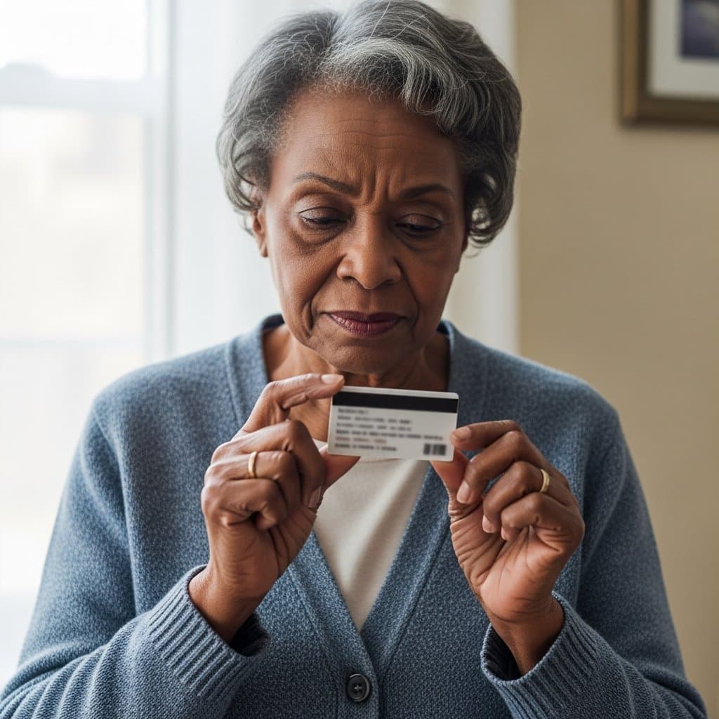 Older woman in a cardigan examining a small laminated wallet card held between her fingers, waist-up centered view