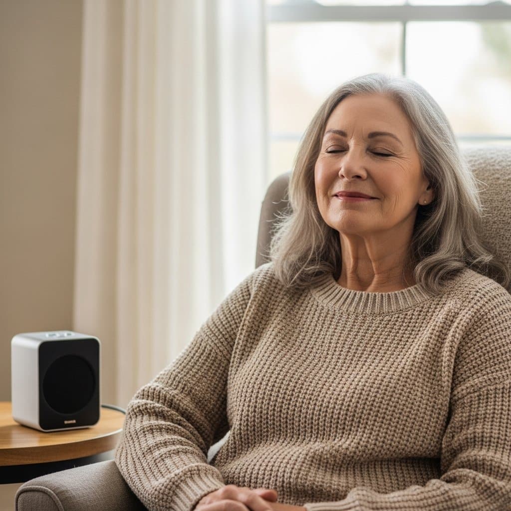 Older woman sitting in a living room chair with eyes closed smiling gently while listening to a small portable speaker beside her, waist-up centered view