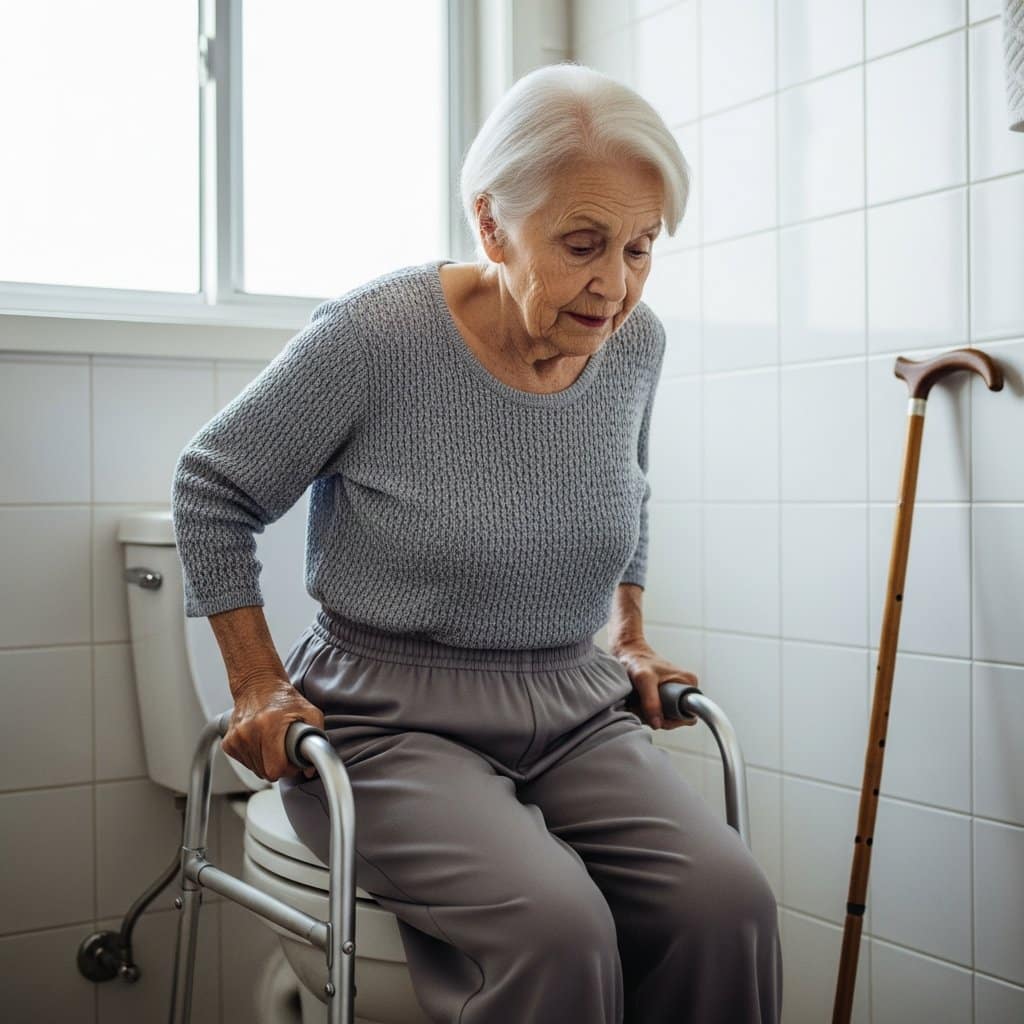 Older woman gripping raised toilet seat armrests to lower herself, with a cane leaned against the wall behind her, full-body centered view