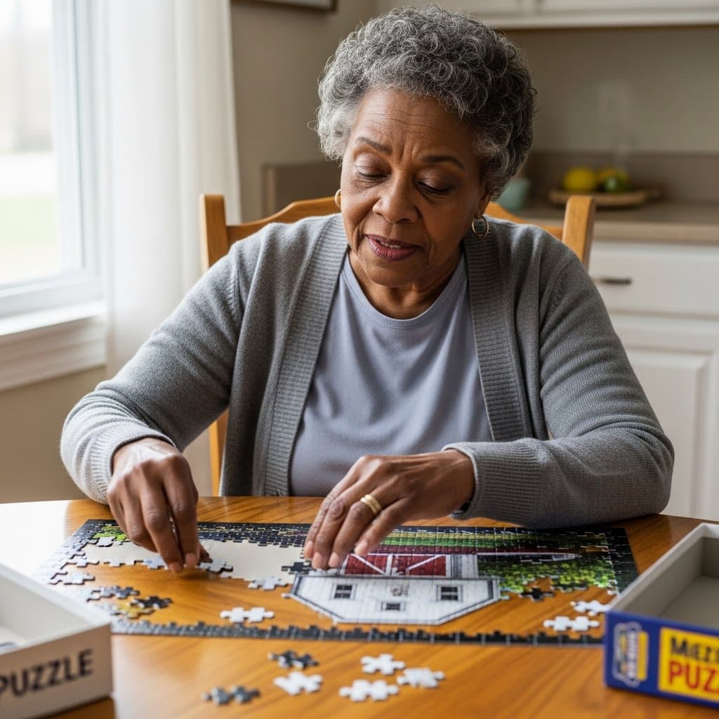 Older woman seated at a kitchen table placing a large jigsaw puzzle piece onto a nearly completed farmhouse-themed puzzle, waist-up centered view