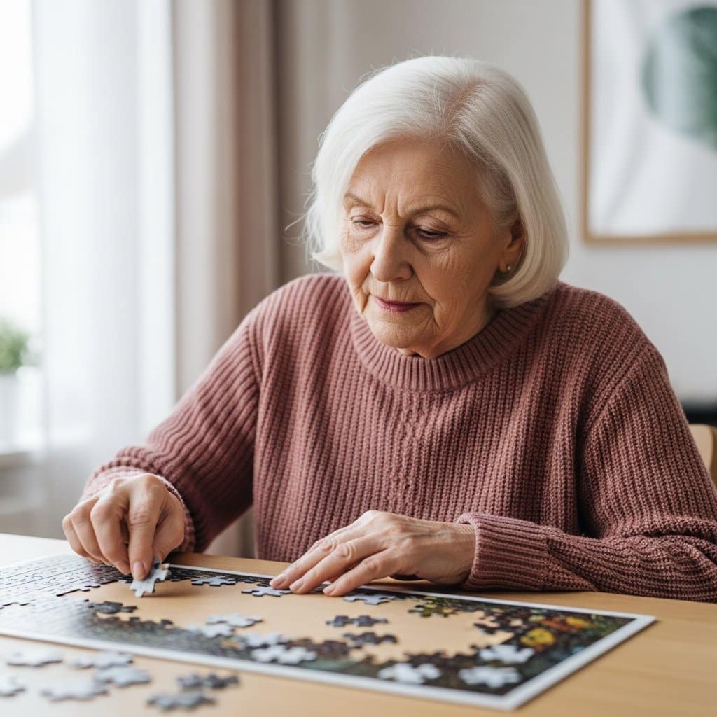 Older woman carefully maneuvering a single thick oversized puzzle piece into place on a large-format puzzle, waist-up centered view