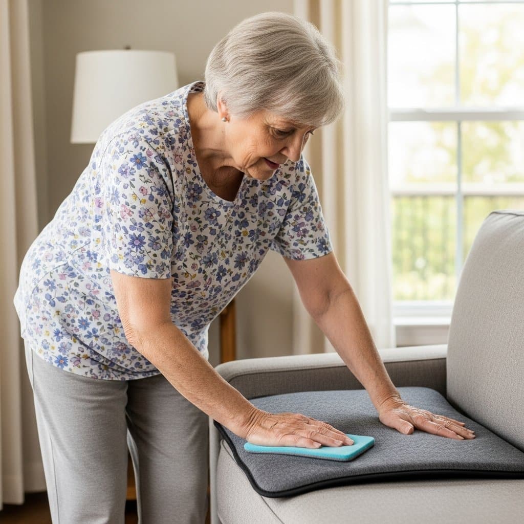 Older woman smoothing a waterproof chair pad onto a sofa cushion in a living room, full-body centered view
