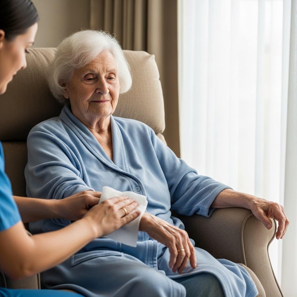 Older woman with white hair relaxing in a recliner while a caregiver wipes her lower arm with a body wipe, full-body centered view