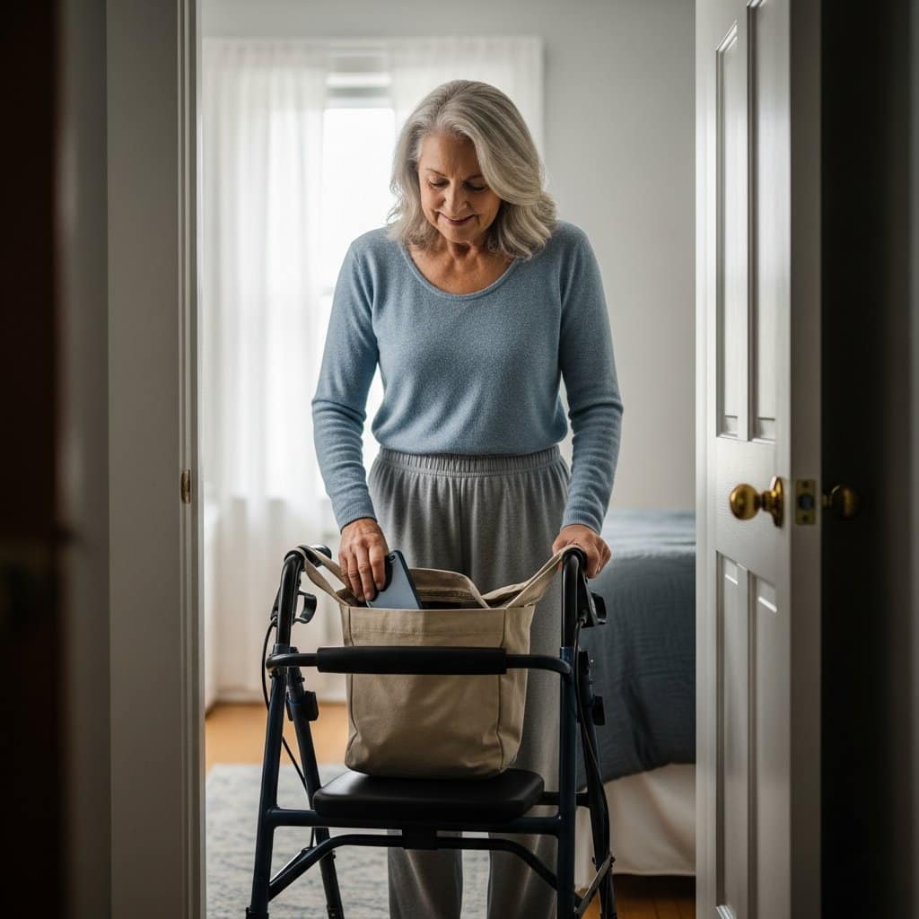Older woman standing at a bedroom doorway with her walker, reaching into the open bag attached to the frame to retrieve her phone, full-body centered view