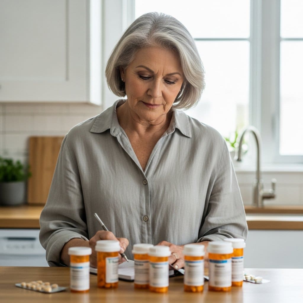 Older woman in a linen shirt standing at a kitchen counter looking down at prescription bottles while taking notes, waist-up centered view