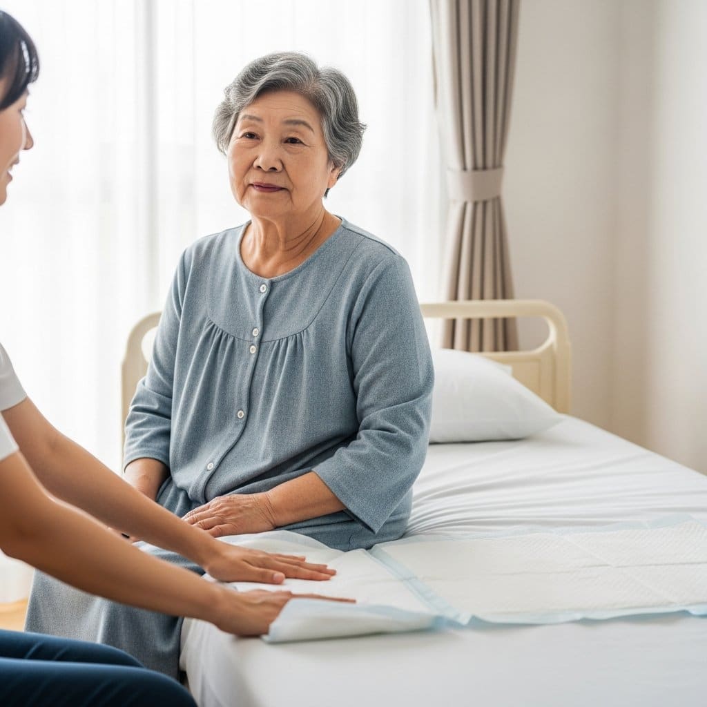 Older woman seated on the edge of a bed while a caregiver smooths a fresh absorbent pad across the mattress beside her, waist-up centered view