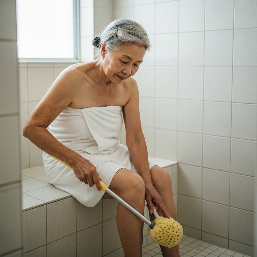 Older woman seated on a shower bench using a long-handled bath sponge to wash her lower leg, waist-up centered view