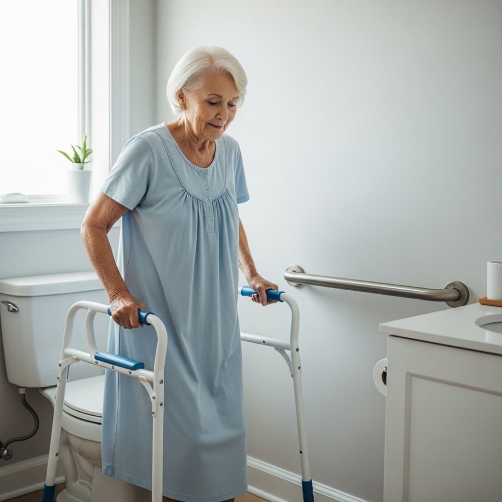 Older woman using a grab bar to steady herself while rising from a toilet safety frame in a home bathroom, full-body centered view