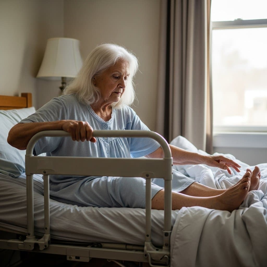 Older woman gripping a bed rail as she repositions herself in bed, waist-up centered view