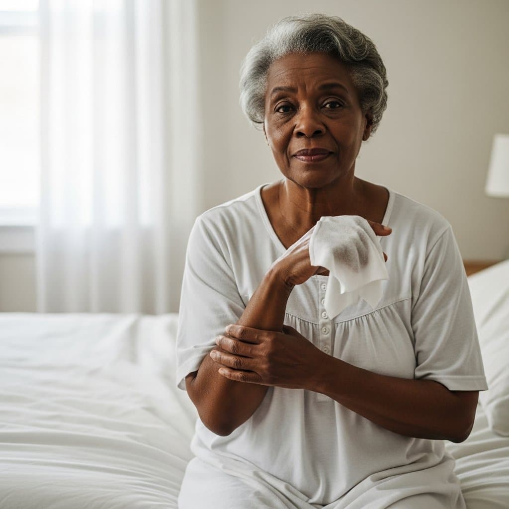 Older woman sitting on the edge of a bed pressing a large body wipe gently to her forearm, waist-up centered view with soft window light