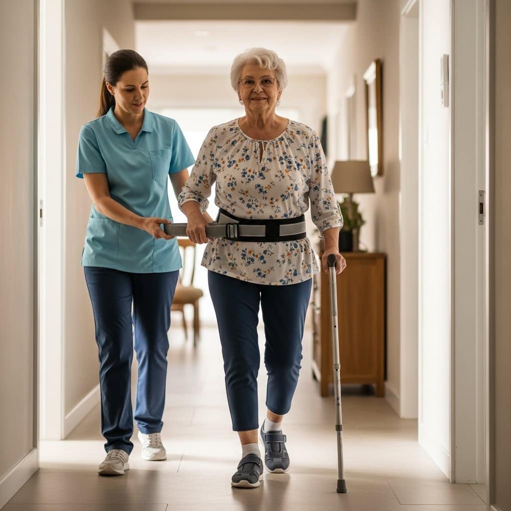 Older woman walking down a home hallway with a quad cane and gait belt, caregiver walking beside her gripping the belt, quietly proud expression, full-body centered view