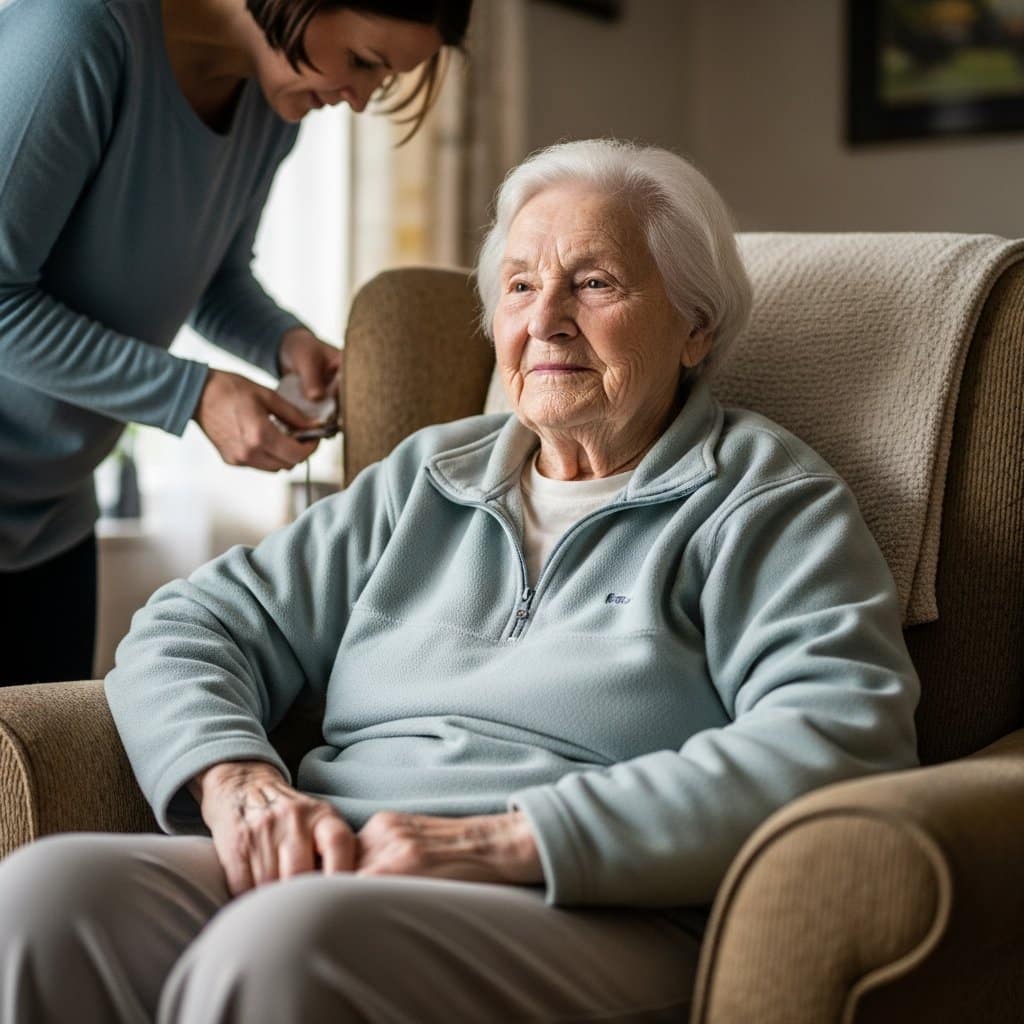 Older woman seated in an armchair with a calm expression while a blurred figure in the background assists her, waist-up centered view