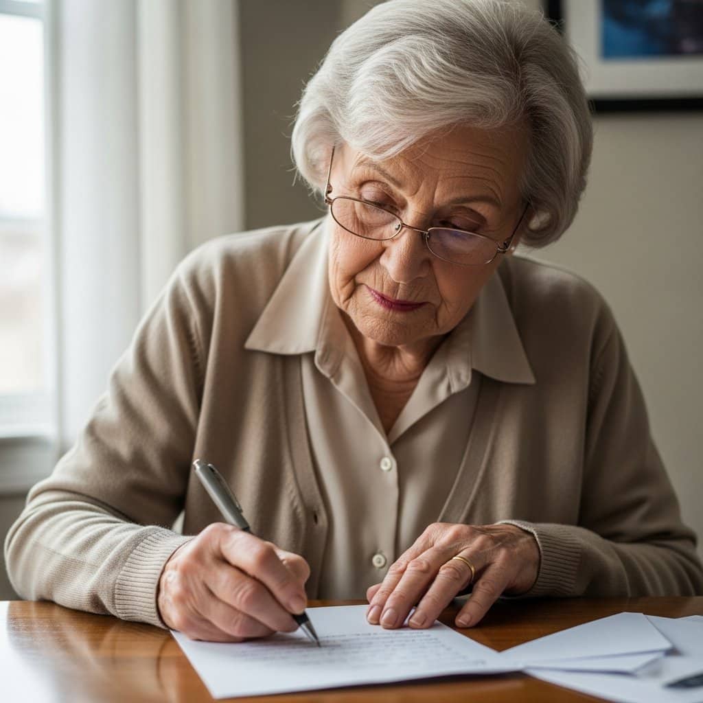 Older woman in cardigan sitting at a writing desk carefully hand-writing a letter with a calm resolute expression, waist-up centered view