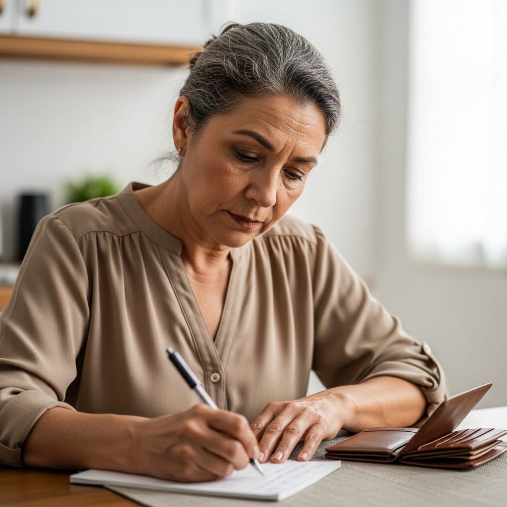Older woman writing on a notepad at a kitchen table with an open wallet beside her, waist-up centered view